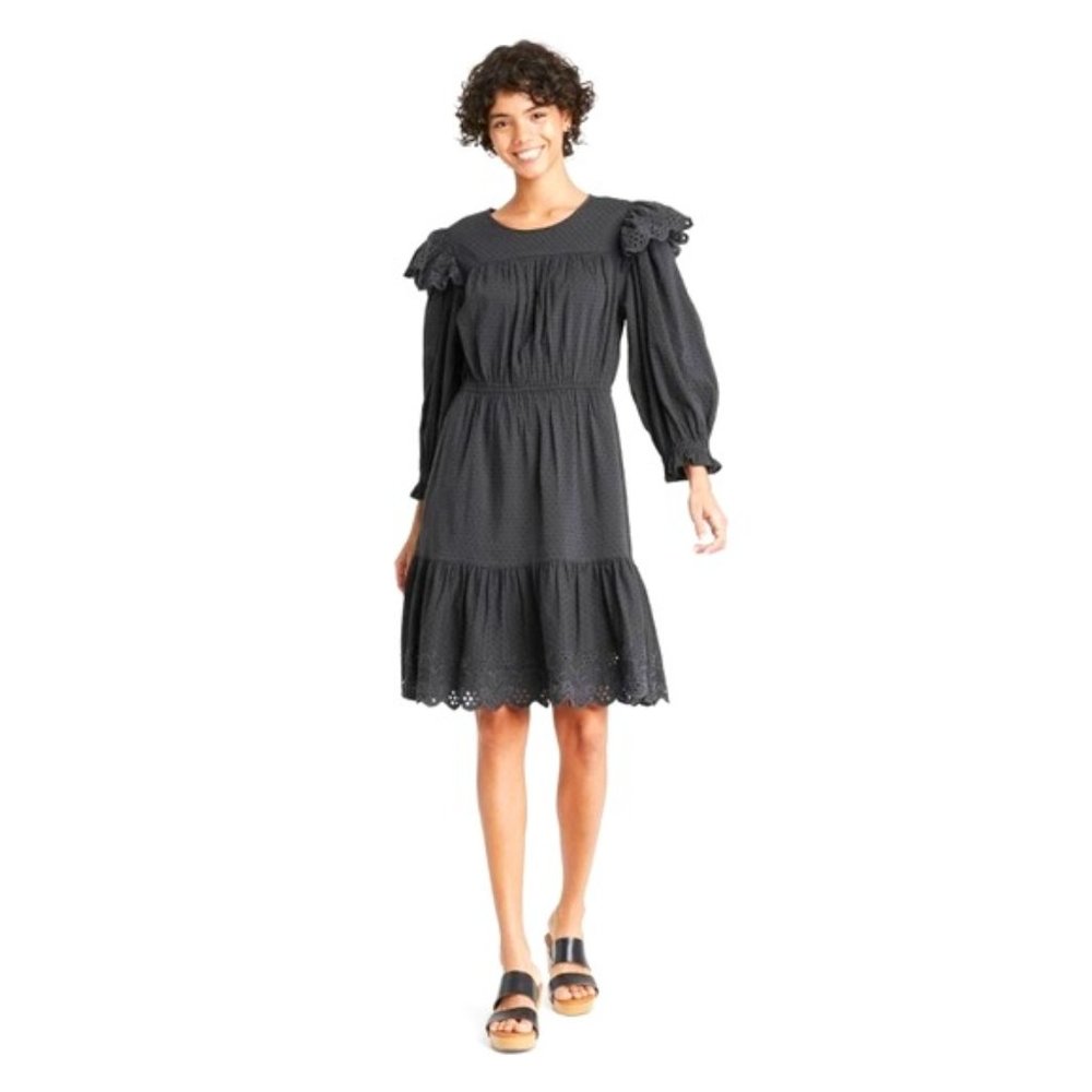 XL Eyelet Ruffle Long-sleeve Dress Dark Gray/Black Dark Cottagecore - Ravencore - Picture 1 of 11